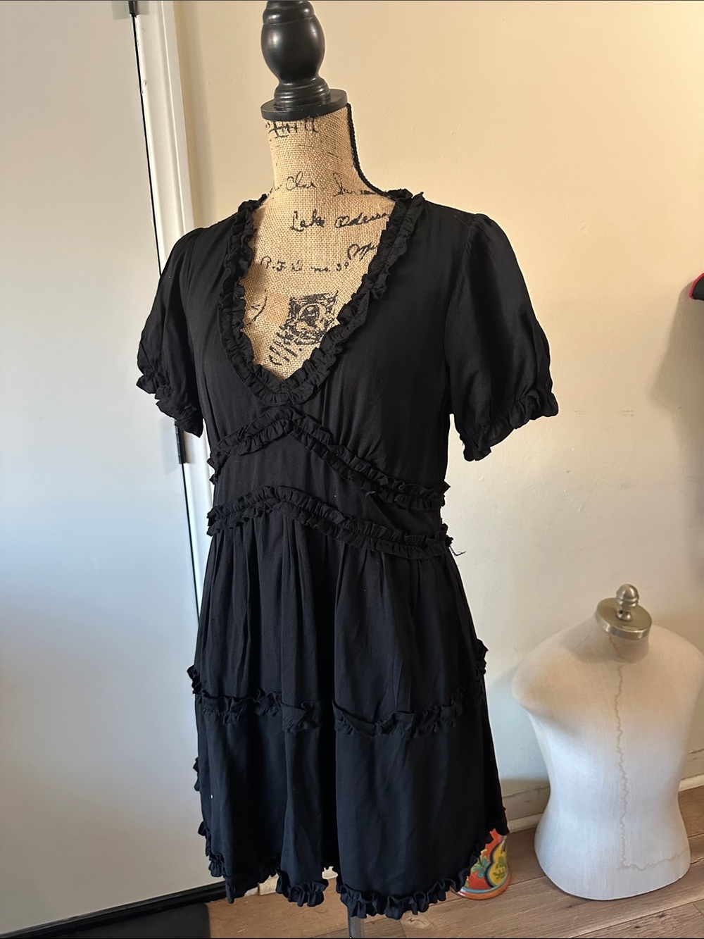 Francesca's Collections Black Ruffled V-Neck Tiered Dress